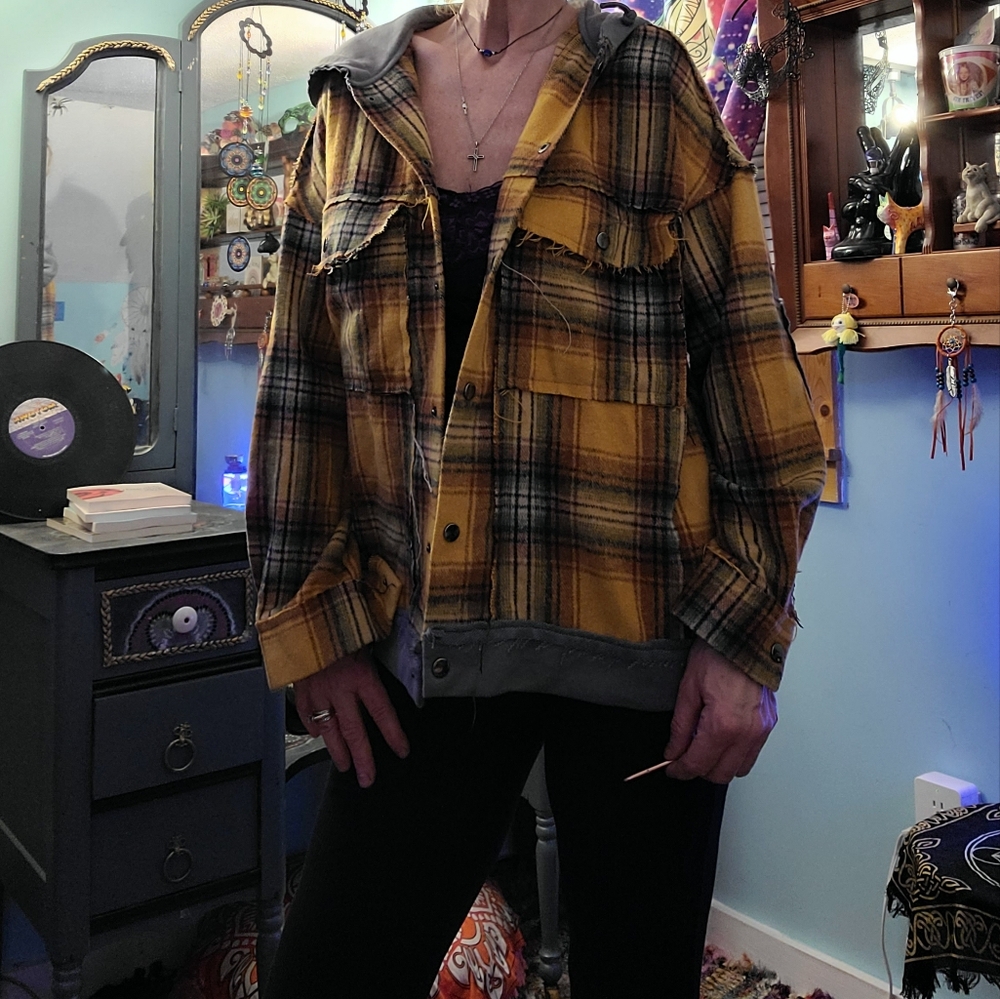 Orange Plaid Patch Hooded Frayed Snap Button Jacket